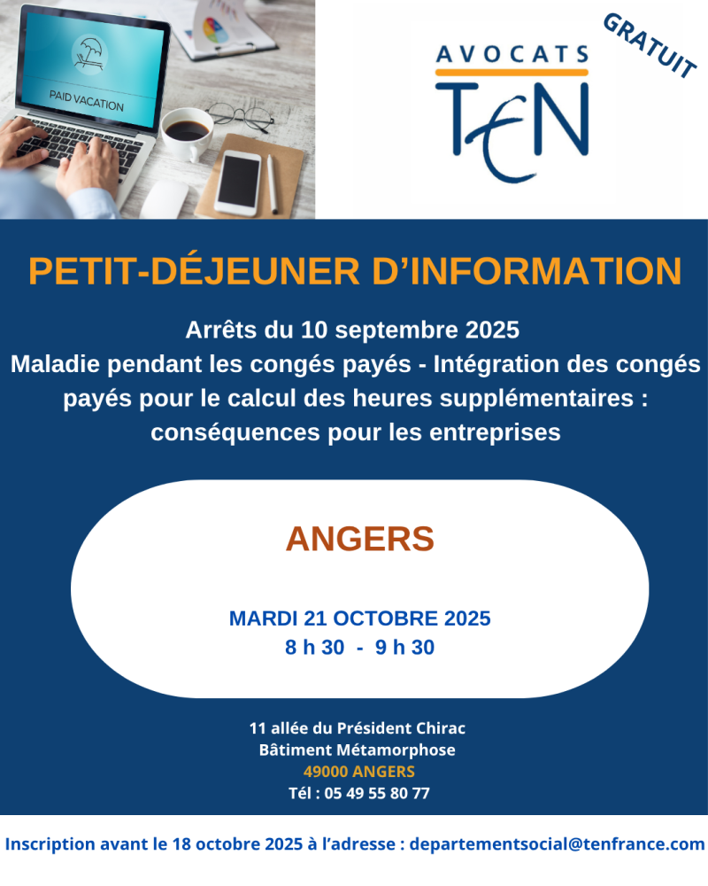 Petit-déjeuner d’information GRATUIT - ANGERS: Maladie et congés payés – intégration des CP dans le calcul des heures supplémentaires : conséquences pour  l'employeur